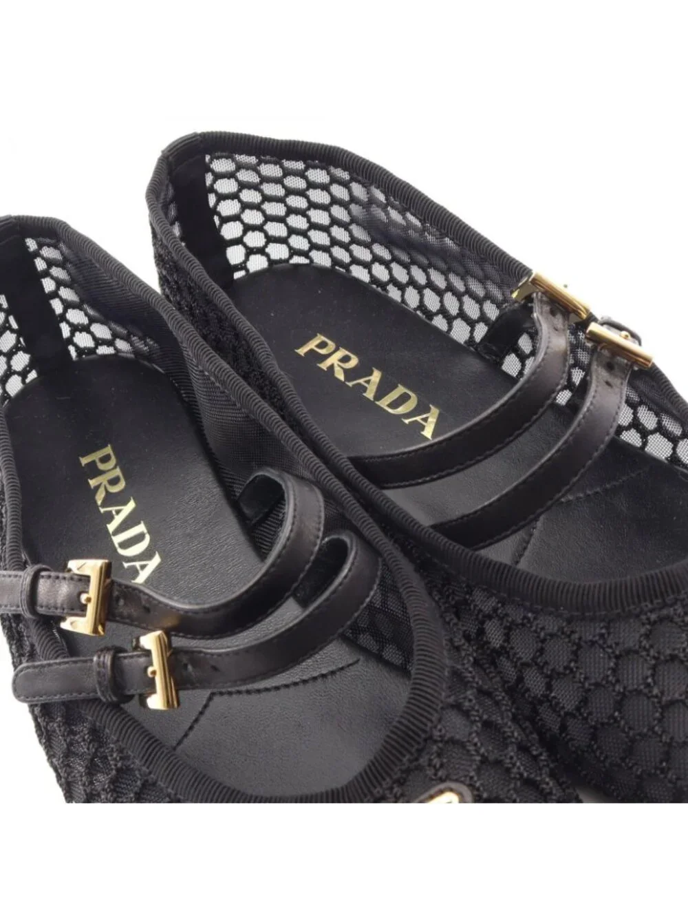 Prada Pumps Macrame Mesh Black Leather Ballet Shoes